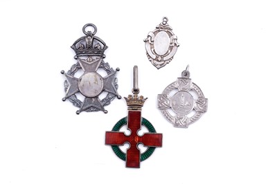 Lot 288 - Silver fob medallions, including a Masonic guilloche enamelled Rose Croix jewel