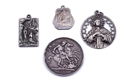 Lot 289 - Religious fob medallions; and a Victorian silver crown