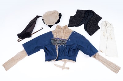 Lot 588 - An Edwardian lady's petrol blue bodice, and costume accessories