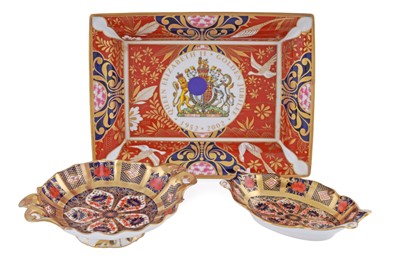 Lot 271 - Two Royal Crown Derby 1128 ‘Imari’ pattern bowls; and a dish