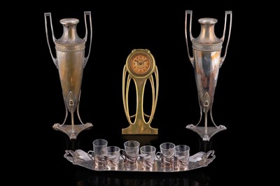 Lot 359 - An Art Nouveau brass easel clock; and other plated items