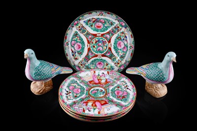Lot 335 - A pair of 20th Century famille rose Chinese doves; and five plates