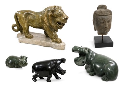 Lot 209 - A large carved hardstone lion; and other items