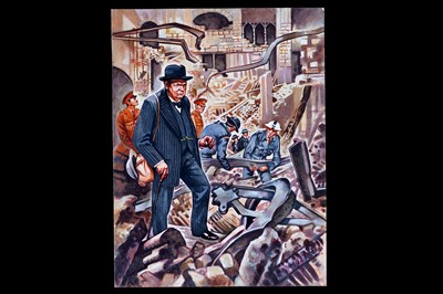 Lot 330 - Painting in gouache “Sir Winston Churchill Surveying Damage to the House of Commons”
