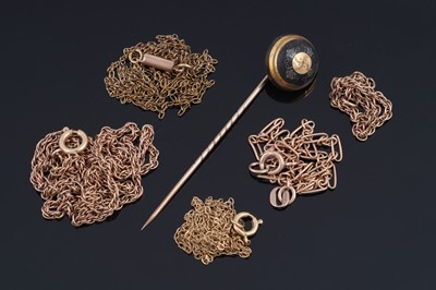 Lot 117 - Fine 9ct gold and other chains; and a stick pin